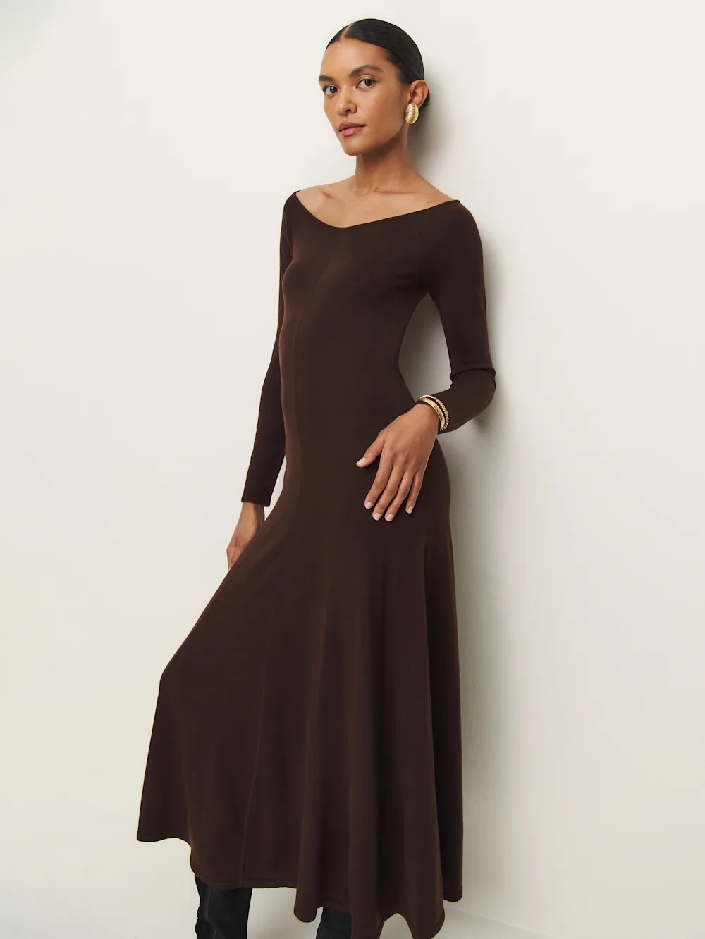 Reformation Livia Brown Backless Long-Sleeve Maxi Dress